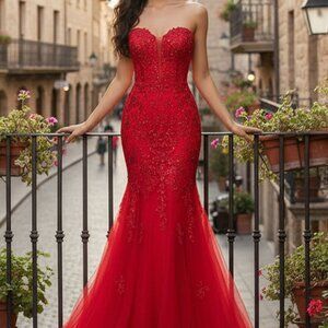 RED PROM DRESS.BLACK MERMAID EVENING MILITARY BALL BRIDESMAID STRAPLESS GOWN
